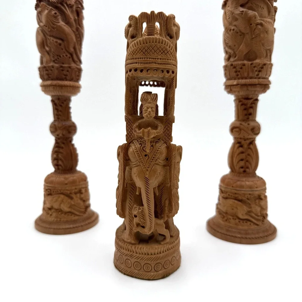 Pair Hand Carved‎ Wooden Flower Bud Vase Elephants Lions Home Garden Decor Art